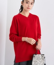 【洗える／チュニック丈／カシミヤ混】スリットデザインVネックニット