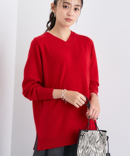【洗える/チュニック丈/カシミヤ混】スリットデザインVネックニット
