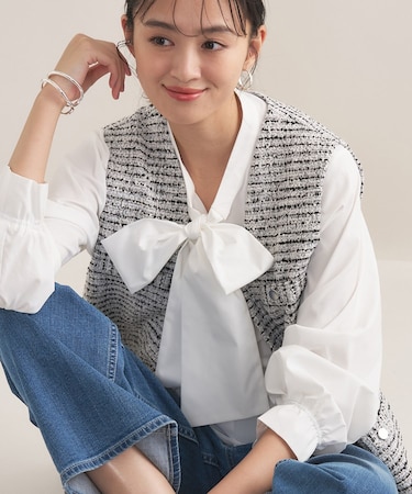 【2点セット/洗える/セレモニー】ツイードジレ&ボウタイブラウス