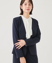 【通勤スーツ/洗える】ストレッチカラーレスジャケット