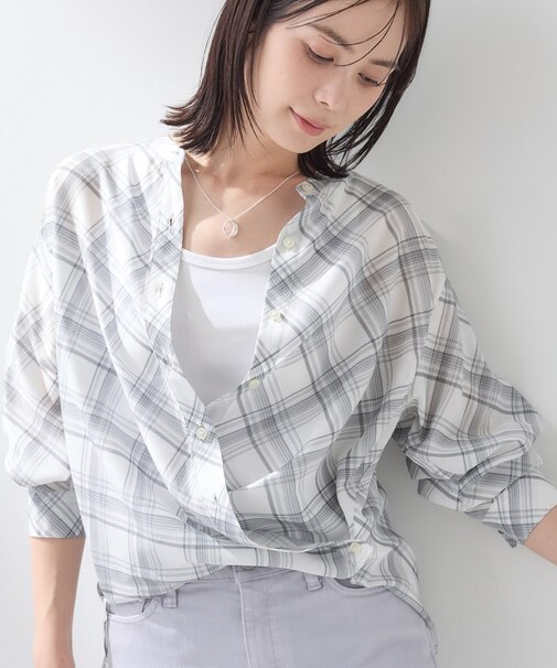 【2WAY／シアー】バイアスチェック柄＆無地 カシュクールシャツ