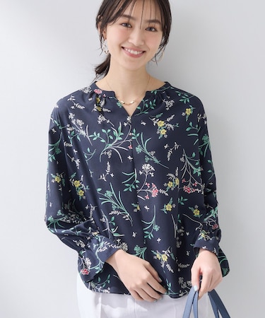 【SETUP可能】モダンフラワー柄キャンディスリーブブラウス