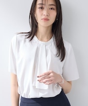 【洗える/UVケア】ストライプ柄&無地 ボウタイ風 半袖ブラウス