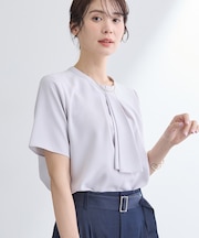 【洗える／UVケア】ストライプ柄＆無地 ボウタイ風 半袖ブラウス