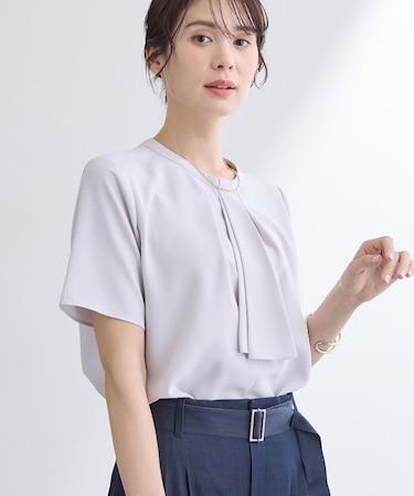 【洗える／UVケア】ストライプ柄＆無地 ボウタイ風 半袖ブラウス