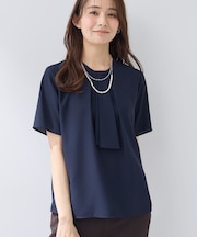 【洗える／UVケア】ストライプ柄＆無地 ボウタイ風 半袖ブラウス