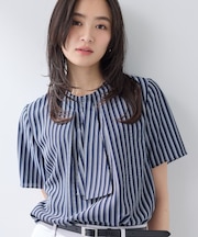 【洗える／UVケア】ストライプ柄＆無地 ボウタイ風 半袖ブラウス