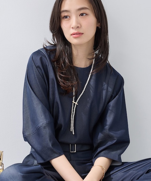 【洗える／UVケア／SETUP可能】デニムライク ランタン袖ブラウス