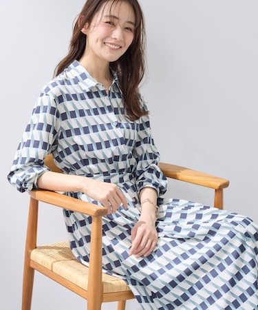 【洗える／2WAY】ベルト付き ジオメトリック柄 シャツワンピース