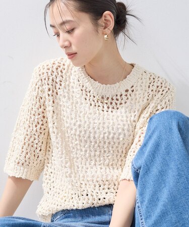 【洗える／ラメ混／5分袖】イタリア糸ファンシーヤーンニット