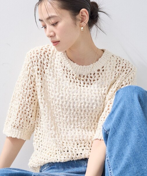 【洗える／ラメ混／5分袖】イタリア糸ファンシーヤーンニット
