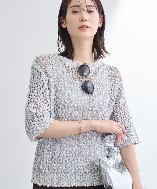 【洗える／ラメ混／5分袖】イタリア糸ファンシーヤーンニット