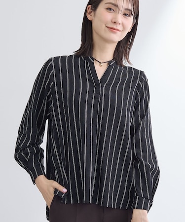 【洗える／着心地楽ちん】ブラウス風ストライプカットソートップス