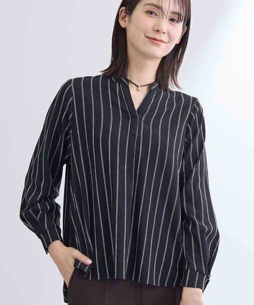 【洗える／着心地楽ちん】ブラウス風ストライプカットソートップス