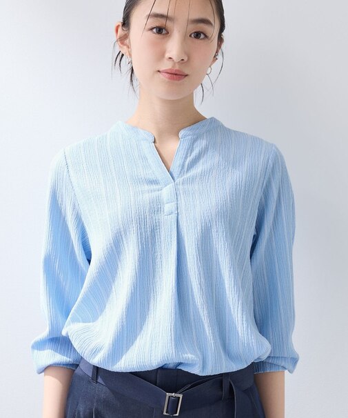 【洗える／着心地楽ちん】ブラウス風ストライプカットソートップス