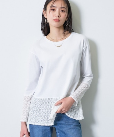 【洗える／レイヤードにおすすめ】シャーリングレース ロングTシャツ