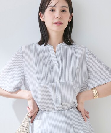 【洗える】シアーシャンブレーピンタックブラウス