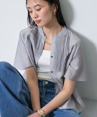 【洗える】シアーシャンブレーピンタックブラウス