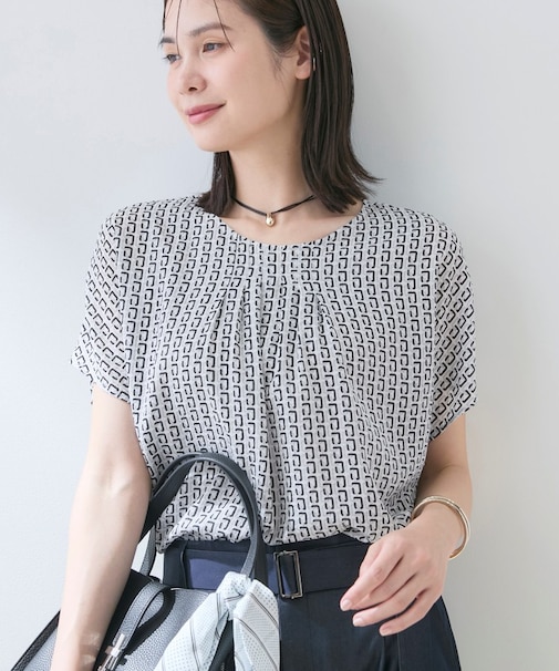 【洗える】無地&チェーン柄 ギャザートップス