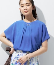 【洗える】無地&チェーン柄 ギャザートップス