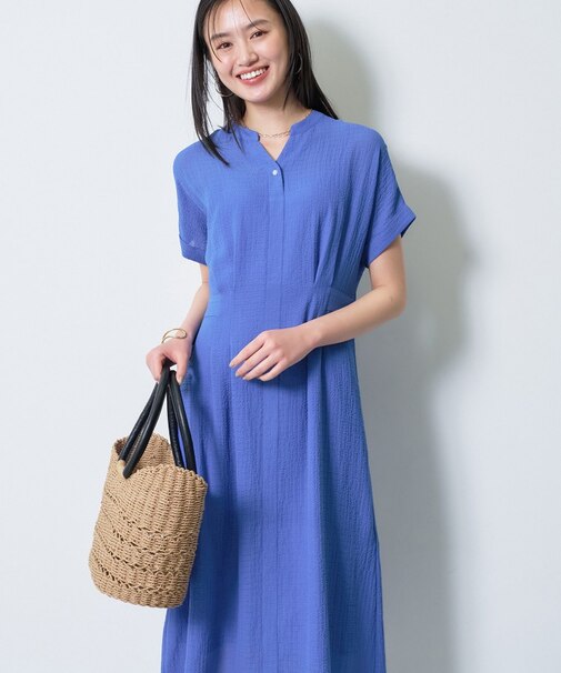 【洗える／羽織りとしても活躍】無地＆チェーン柄 シャーリングサッカーワンピース