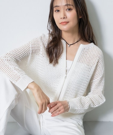 【洗える/コットン】メッシュジップニットカーディガン