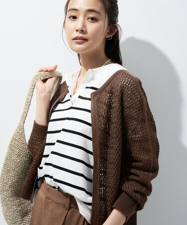 【洗える/コットン】メッシュジップニットカーディガン