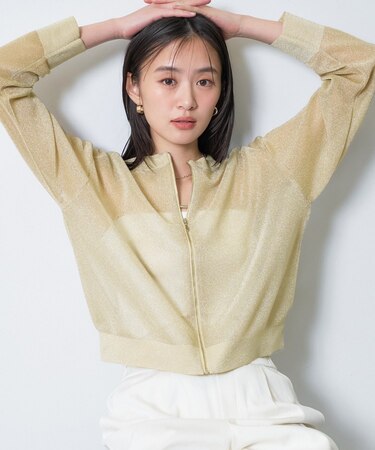 【洗える／シアーラメ】ブルゾン風ジップアップニットカーディガン