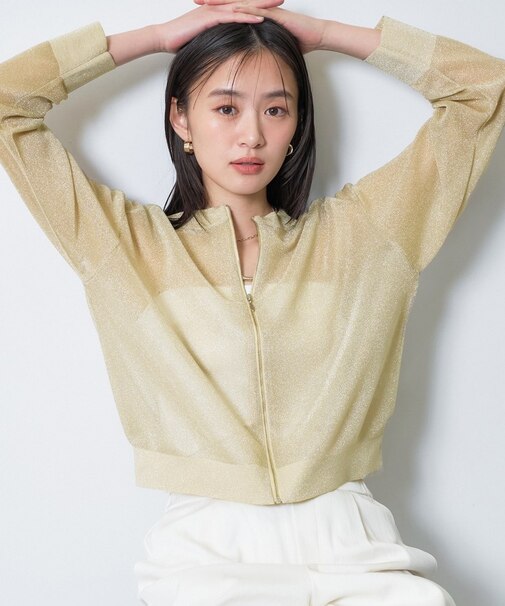 【洗える／シアーラメ】ブルゾン風ジップアップニットカーディガン