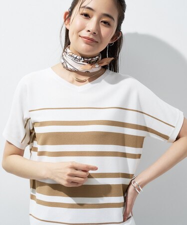 【洗える】ガーター編みVネックニットT