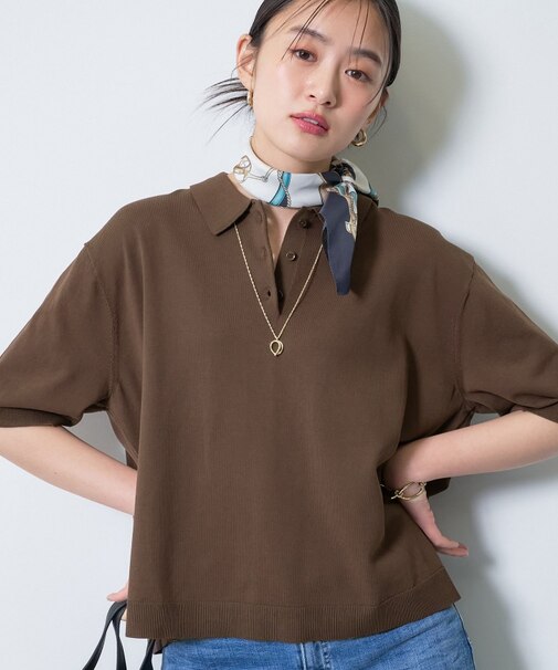 【洗える／コットン】ドライタッチさらりポロ衿ニットT
