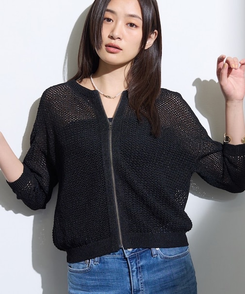 【軽羽織/着映え】メッシュ編みニットブルゾン