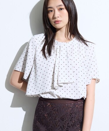 【接触冷感/UVケア】ボウタイ風 幾何学柄ブラウス