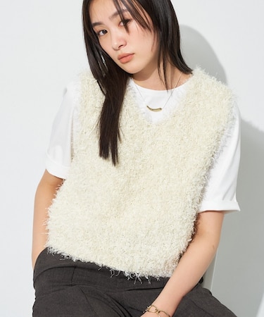 【洗える】ファンシーヤーンVネックニットベスト