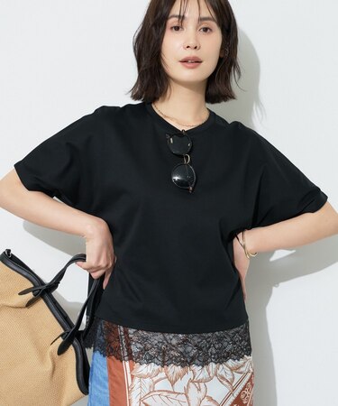 【汗ジミ防止/接触冷感】裾レースドルマンTシャツ