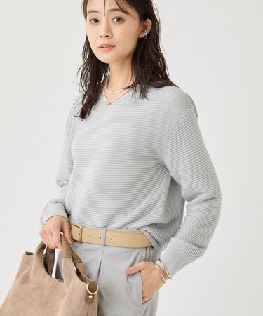 【ウール混/体型カバー】ラメガーター編み Vネックニット