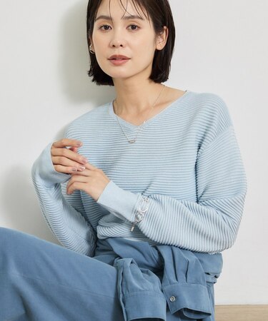 【ウール混/体型カバー】ラメガーター編み Vネックニット