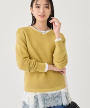 【ウール混/体型カバー】ラメガーター編み Vネックニット