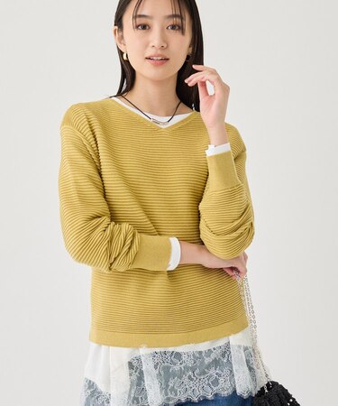 【ウール混/体型カバー】ラメガーター編み Vネックニット