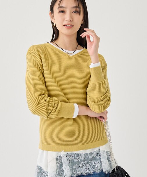 【ウール混/体型カバー】ラメガーター編み Vネックニット