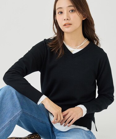 【上品な光沢感】エクストラファインウールVネックニット
