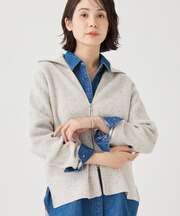 【ウール混/カラーネップ】畦編みジップアップカーディガンニット