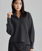 【ウール混／クロップド丈】畦編みスキッパー衿ニット