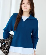 【ウール混／クロップド丈】畦編みスキッパー衿ニット