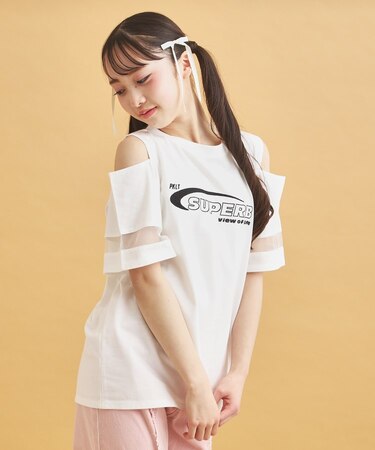 チュール切替肩あきTシャツ