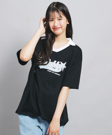 【接触冷感】Vネック衿付きアップリケビッグTシャツ