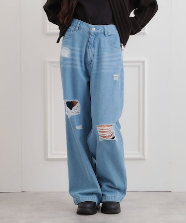 ダメージワイドデニムパンツ
