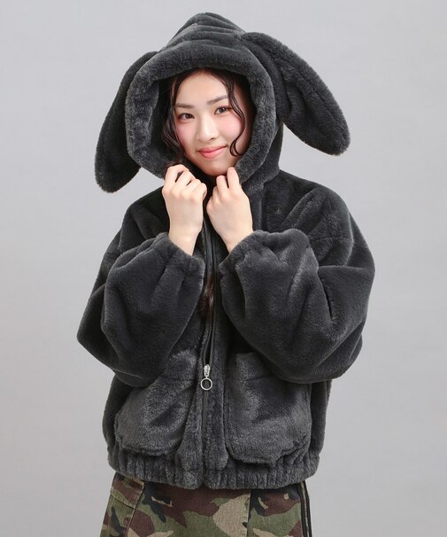 耳付きフェイクファーブルゾン