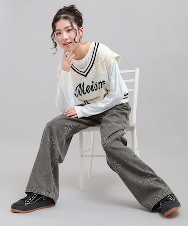 フラワー柄デニムロングパンツ