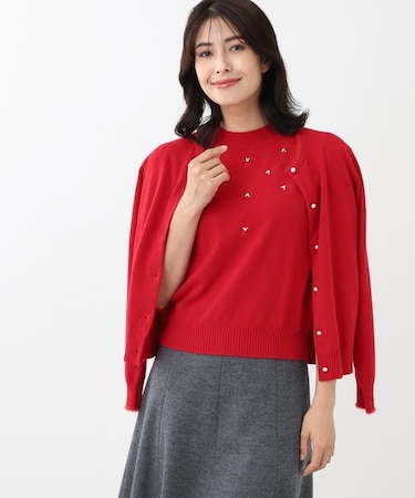 【WEB限定カラーあり／洗える／アンサンブル】パール調刺繍ニット＋カーディガン